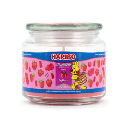 Bougie Haribo Strawberry Happiness en moyenne jarre, parfum sucré et fruité pour une ambiance joyeuse.