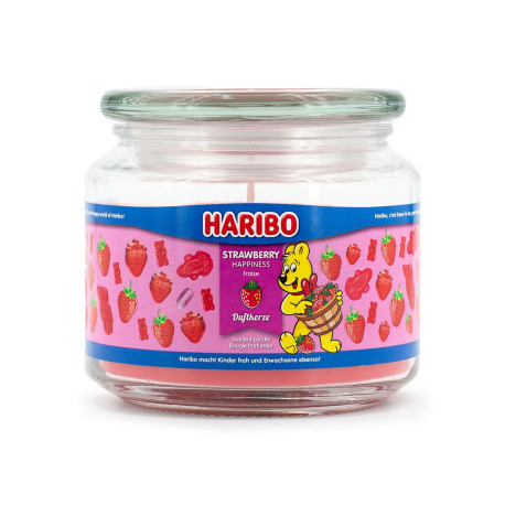 Bougie Haribo Strawberry Happiness en moyenne jarre, parfum sucré et fruité pour une ambiance joyeuse.