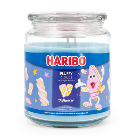 Bougie Haribo Fluffy Clouds en grande jarre, parfum léger et gourmand pour une ambiance douce et réconfortante.