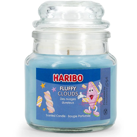 Bougie Haribo Fluffy Clouds en petite jarre, parfum léger et gourmand pour une ambiance douce et réconfortante.