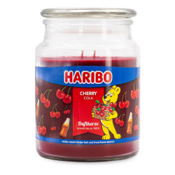 Bougie Haribo Cherry Cola en grande jarre, parfum gourmand et pétillant pour une ambiance sucrée.