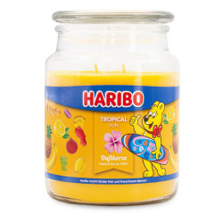Bougie Haribo Tropical Fun en grande jarre, parfum exotique et gourmand pour une ambiance estivale.