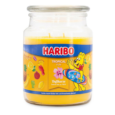 Bougie Haribo Tropical Fun en grande jarre, parfum exotique et gourmand pour une ambiance estivale.