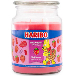 Bougie Haribo Strawberry Happyness en grande jarre, parfum sucré et fruité pour une ambiance joyeuse.