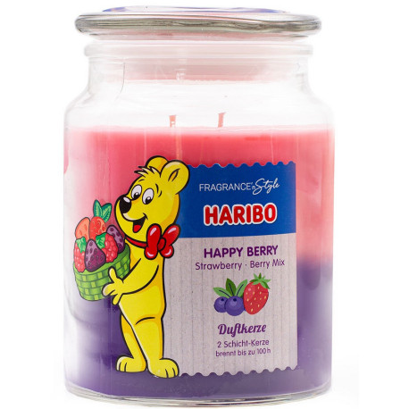 Bougie Haribo Happy Berry en grande jarre, parfum fruité et gourmand pour une ambiance joyeuse.