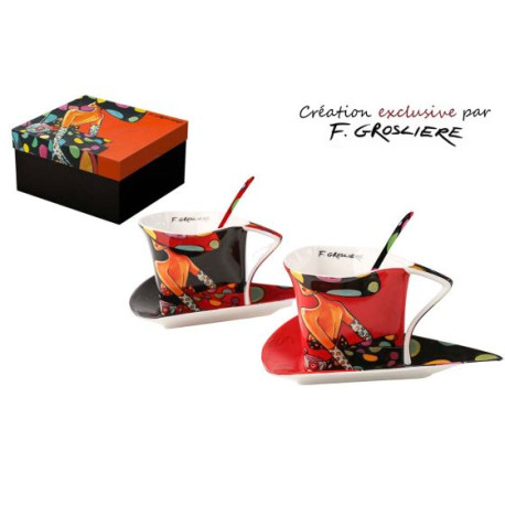 COFFRET 2 TASSES TRIANGLES 180ML+SOUS TASSES+CUILLERES LA FEMME A POIS PAR F. GROSLIERE