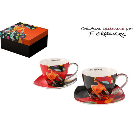 COFFRET 2 TASSES 250ML+SOUS-TASSES LA FEMME A POIS PAR F. GROSLIERE