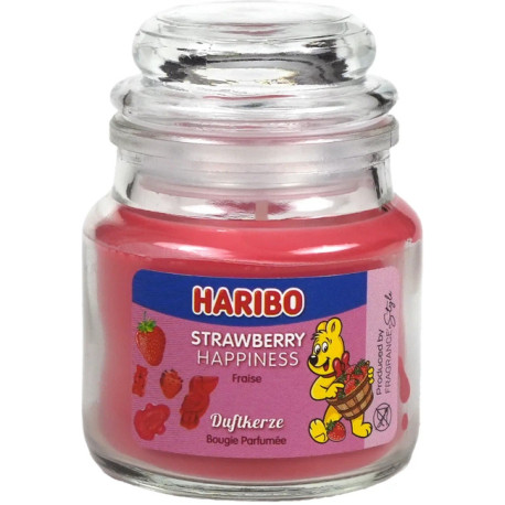 Bougie Haribo Strawberry Happiness en petite jarre, parfum sucré et fruité pour une ambiance joyeuse.