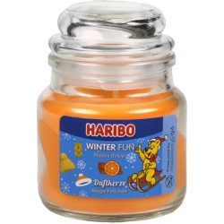 Bougie Haribo Winter Fun en petite jarre, parfum gourmand et réconfortant pour une ambiance hivernale.