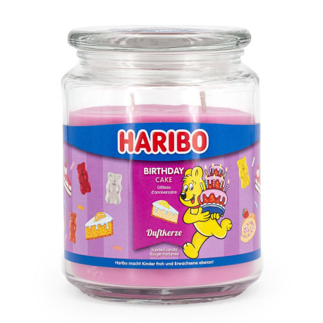 Bougie Haribo Birthday Cake en grande jarre, parfum sucré et festif pour célébrer chaque moment joyeux.