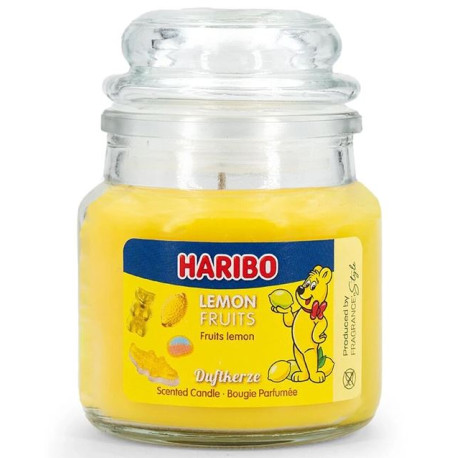 Bougie Haribo Lemon Fruits en petite jarre, parfum frais et acidulé pour une ambiance fruitée et énergisante.