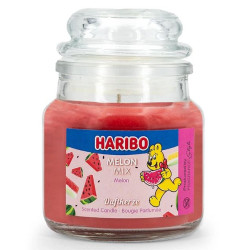 Bougie Haribo Melon Mix en petite jarre, parfum fruité et rafraîchissant pour une ambiance estivale.