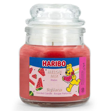 Bougie Haribo Melon Mix en petite jarre, parfum fruité et rafraîchissant pour une ambiance estivale.