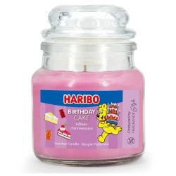 Bougie Haribo Birthday Cake en petite jarre, parfum sucré et festif pour célébrer chaque moment joyeux.