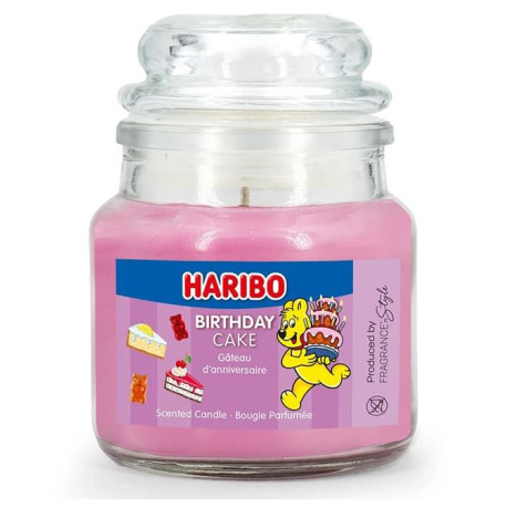 Bougie Haribo Birthday Cake en petite jarre, parfum sucré et festif pour célébrer chaque moment joyeux.