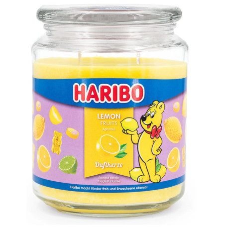 Bougie Haribo Lemon Fruits en grande jarre, parfum frais et acidulé pour une ambiance fruitée et énergisante.