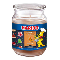 Bougie Haribo Christmas Bakery en grande jarre, parfum gourmand de pâtisserie de Noël pour une ambiance chaleureuse et festive.