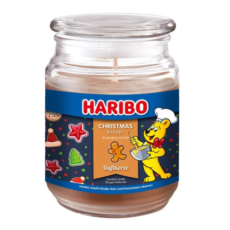 Bougie Haribo Christmas Bakery en grande jarre, parfum gourmand de pâtisserie de Noël pour une ambiance chaleureuse et festive.