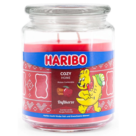 Bougie Haribo Cozy Home en grande jarre, parfum chaleureux et cocooning pour une ambiance douce à la maison.