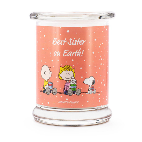 Bougie Peanuts Best Sister on Earth aux notes d’ozone de pomme, orange musquée et jasmin, pour une ambiance douce et relaxante.