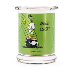 Bougie Peanuts Good Luck aux notes de pamplemousse, lime, clémentine et vanille-orange, pour une ambiance cosy et apaisante.