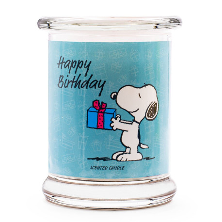 Bougie Peanuts Happy Birthday aux notes de beurre de bergamote, vanille, pomme, poire et citron vert, pour une atmosphère festiv