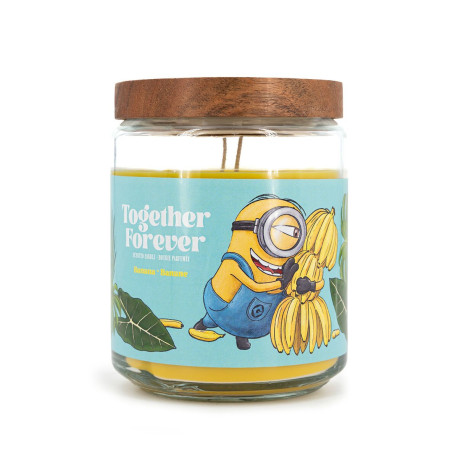 Bougie Minions Together Forever Grande Jarre aux notes de banane, noisette, lait, vanille et caramel, pour une atmosphère douce 